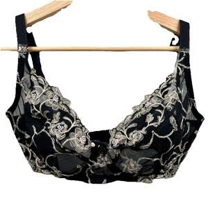 Felina Lingerie 34DDD Sheer Black Lace Floral‎ Coquette Underwire Bra Romantic